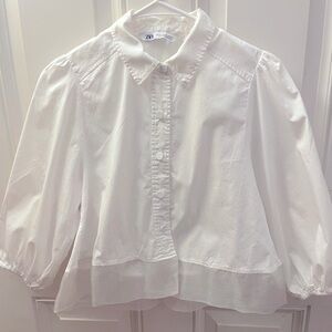 ZARA Puff Sleeves Cropped Shirt - White - XS